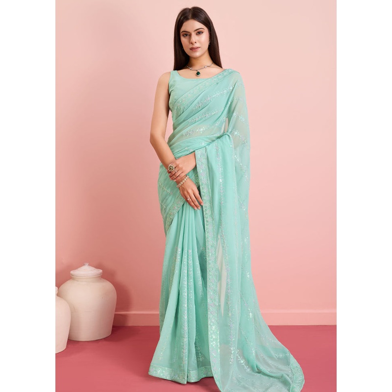 Aqua Georgette Saree With Blouse Piece - JD986579938