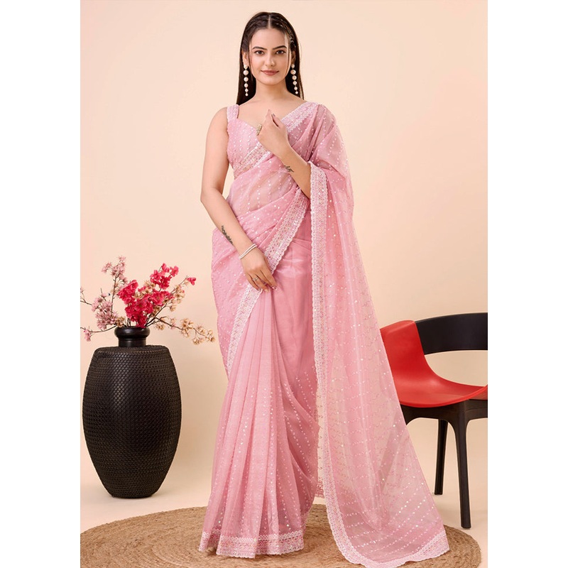 Baby Pink Net Net Saree With Blouse Piece - JD986579875
