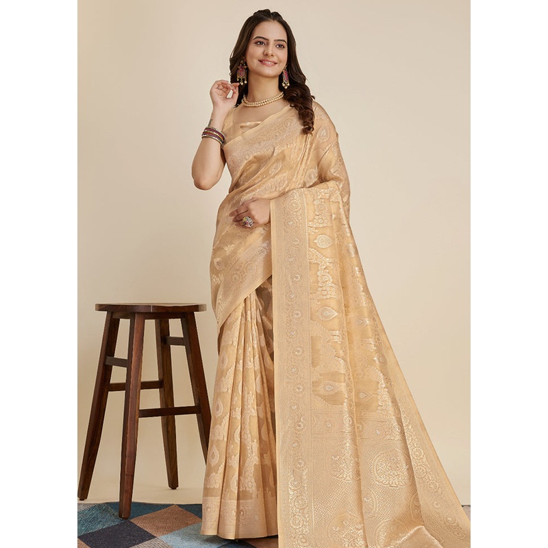 Beige Dupion Silk Saree With Blouse Piece - JD986579873