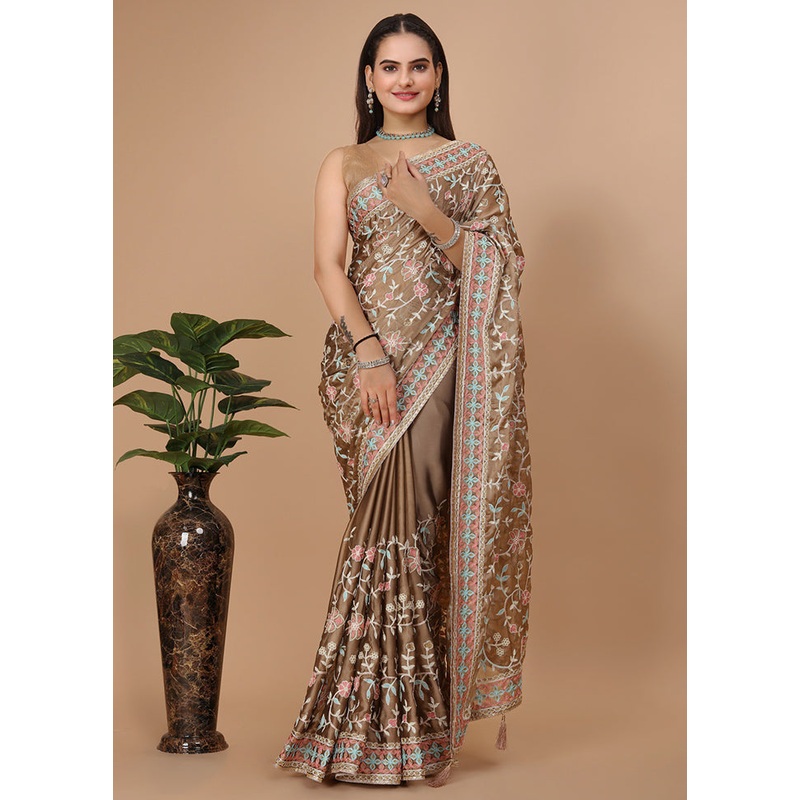 Beige Dupion Silk Saree With Blouse Piece - JD986579874