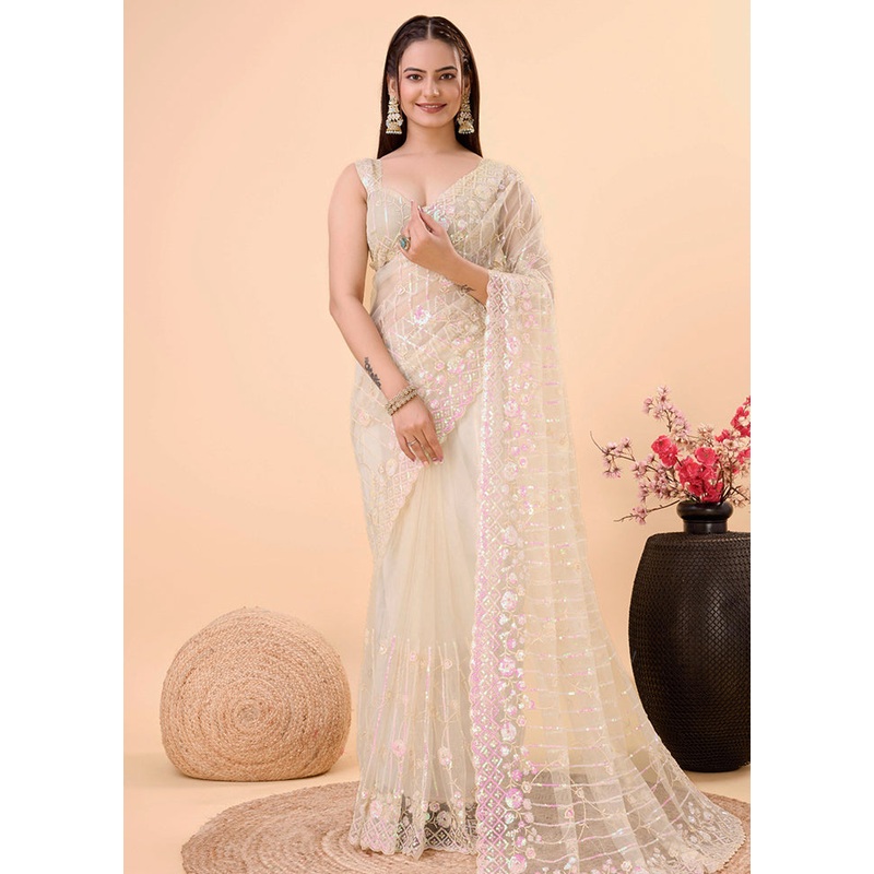 Beige Net Net Saree With Blouse Piece - JD986579872