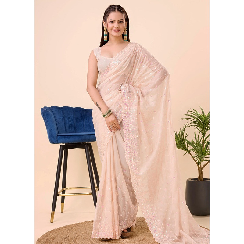 Beige Organza Saree With Blouse Piece - JD986579871