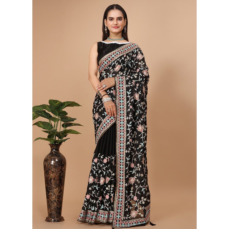 Black Dupion Silk Saree With Blouse Piece - JD986579870