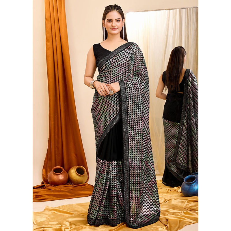 Black Georgette Saree With Blouse Piece - JD986579867