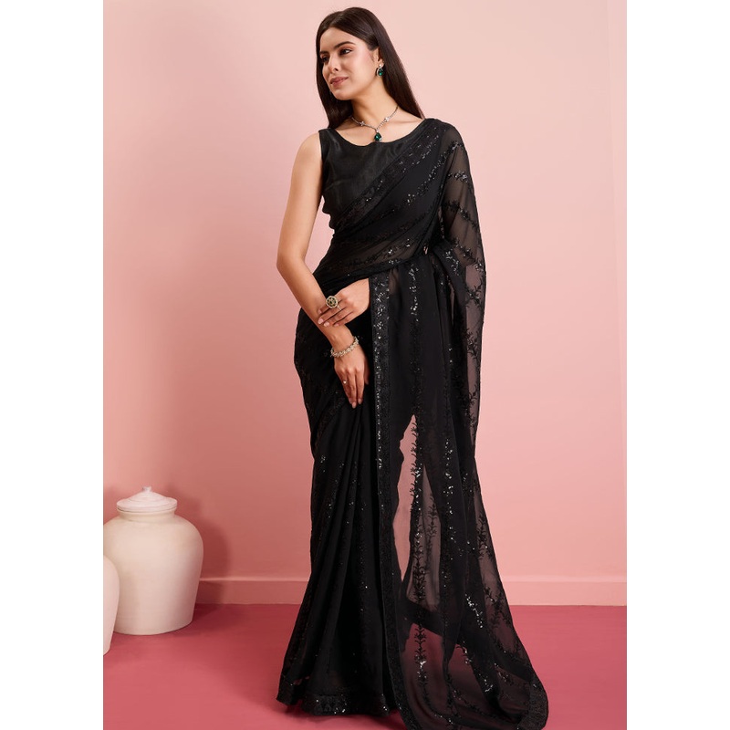 Black Georgette Saree With Blouse Piece - JD986579935