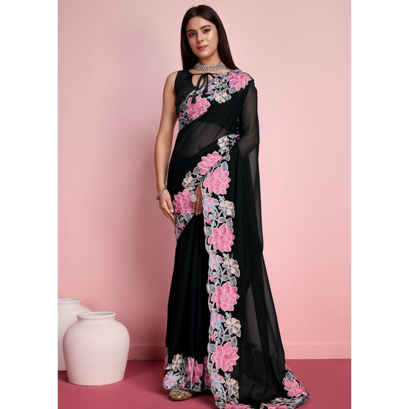 Black Georgette Saree With Blouse Piece - JD986579936