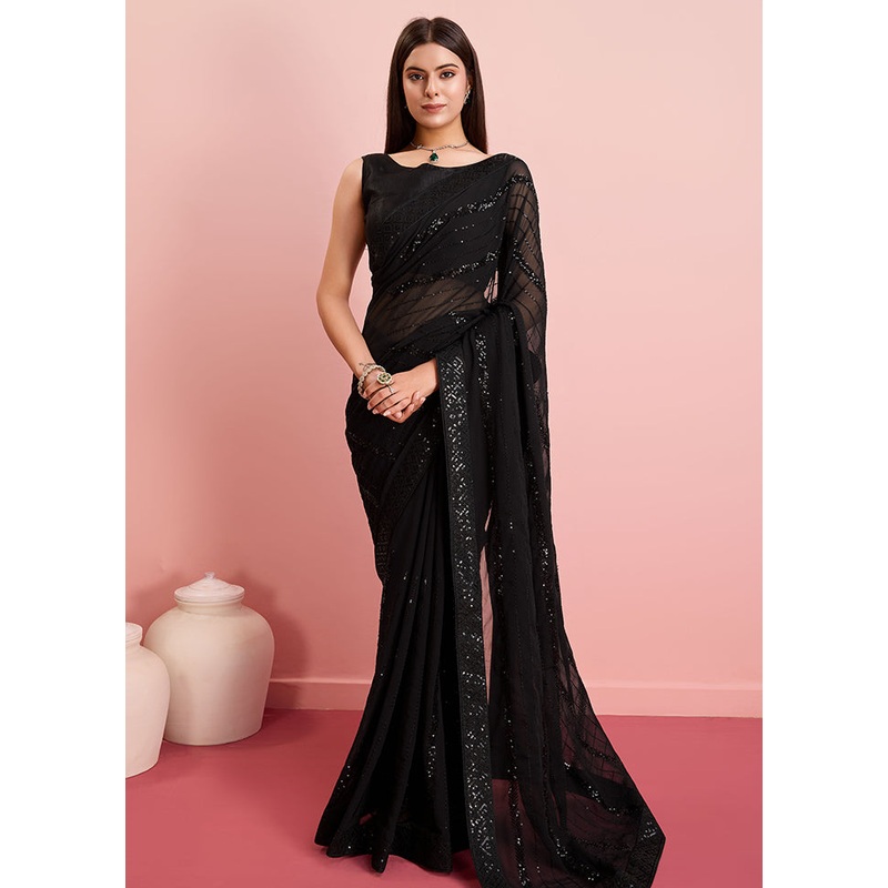Black Georgette Saree With Blouse Piece - JD986579937
