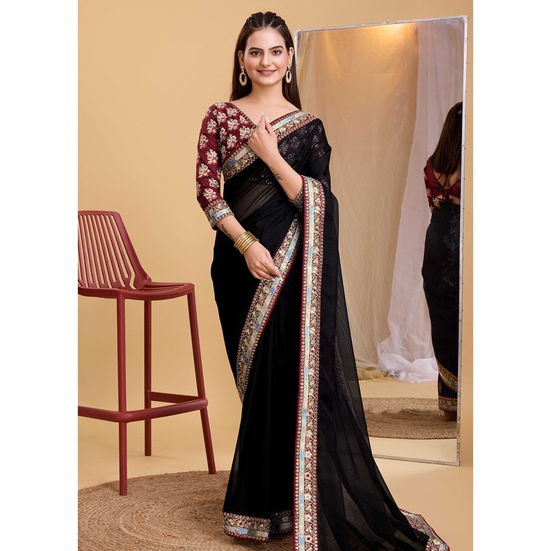 Black Organza Saree With Blouse Piece - JD986579866
