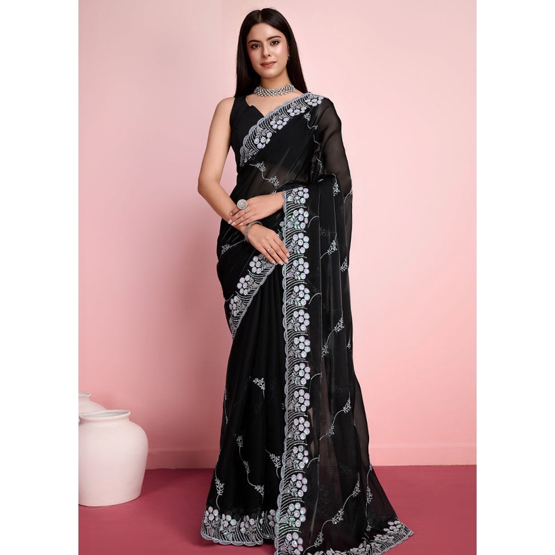 Black Organza Saree With Blouse Piece - JD986579933