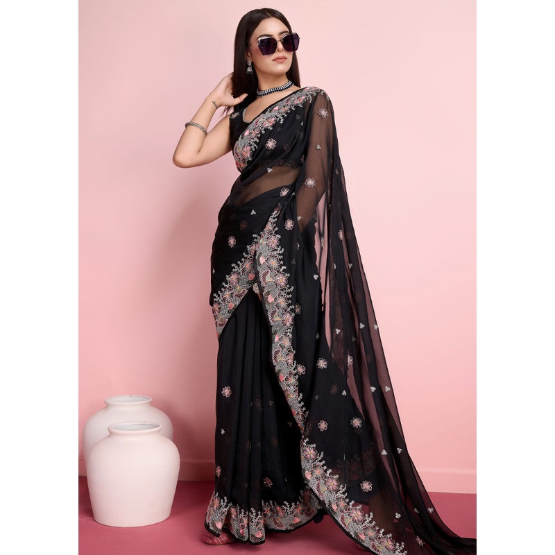 Black Organza Saree With Blouse Piece - JD986579934