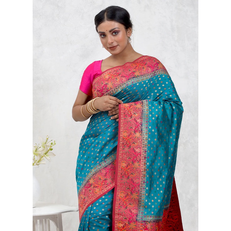 Blue Dupion Silk Saree With Blouse Piece - JD986579748