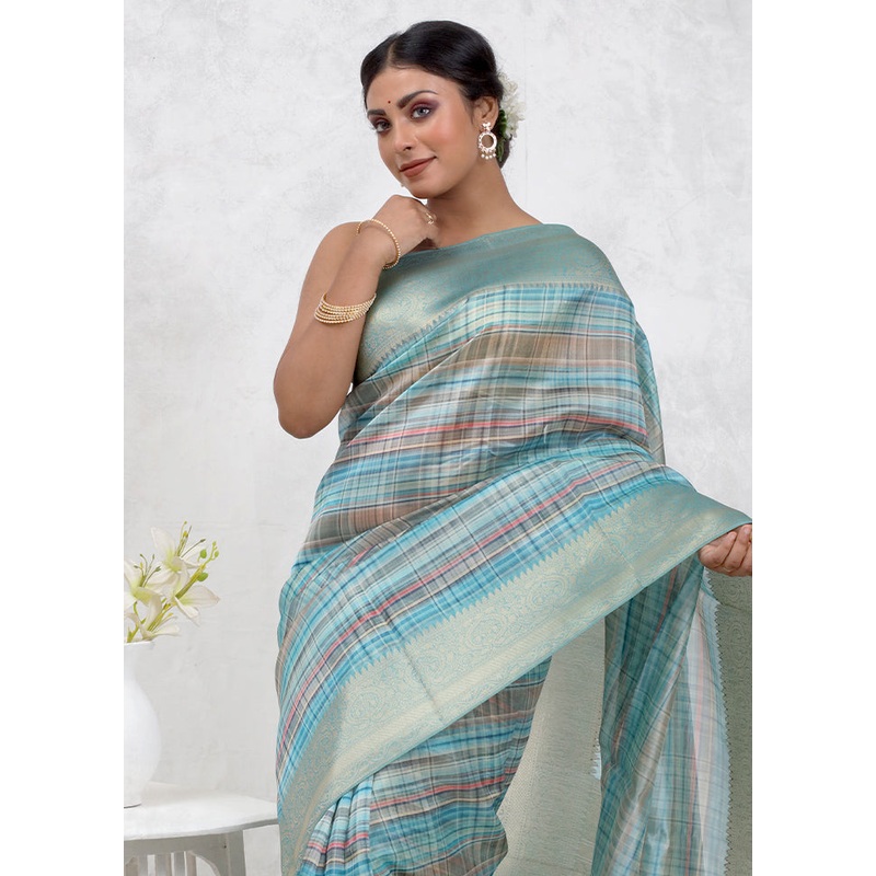 Blue Dupion Silk Saree With Blouse Piece - JD986579749