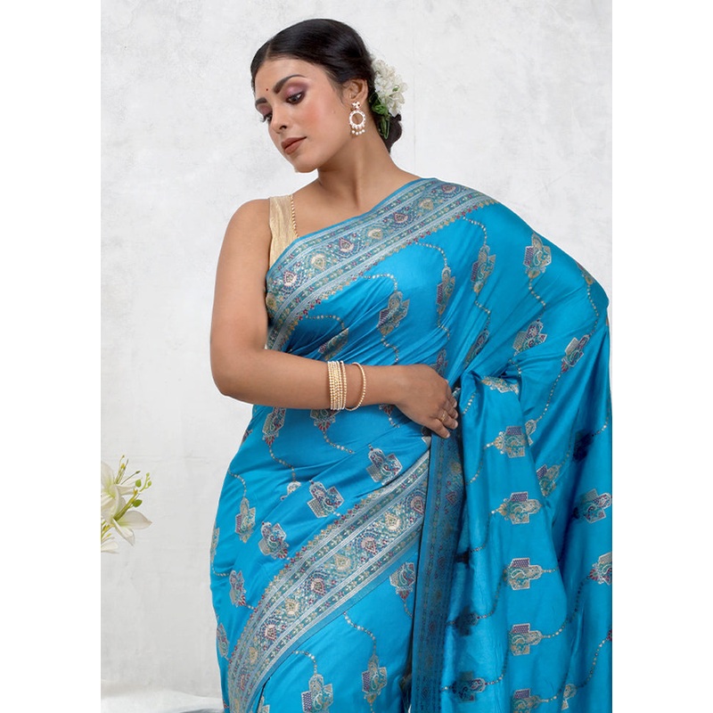 Blue Dupion Silk Saree With Blouse Piece - JD986579750