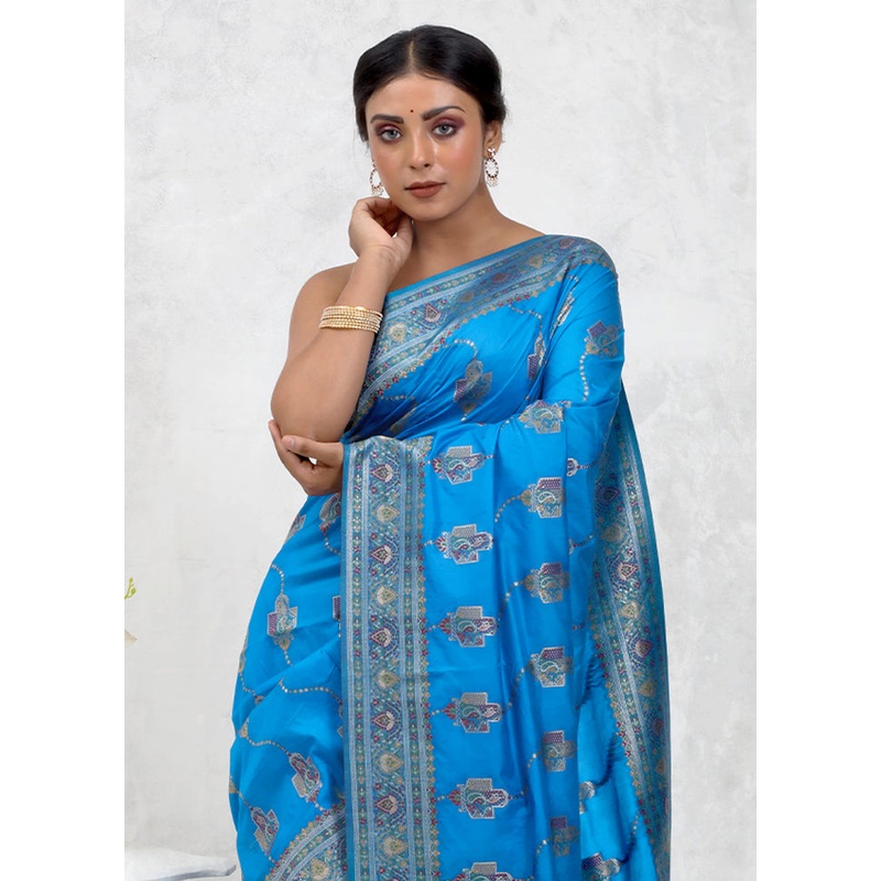Blue Dupion Silk Saree With Blouse Piece - JD986579751