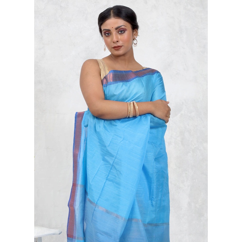 Blue Dupion Silk Saree With Blouse Piece - JD986579752