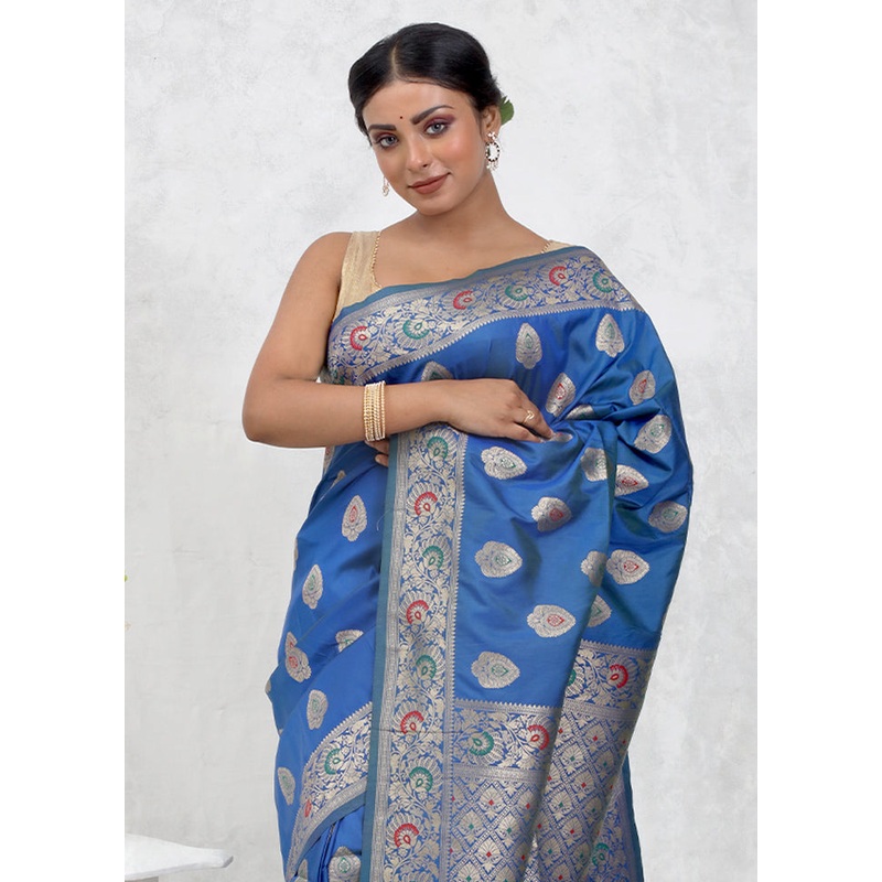 Blue Dupion Silk Saree With Blouse Piece - JD986579753