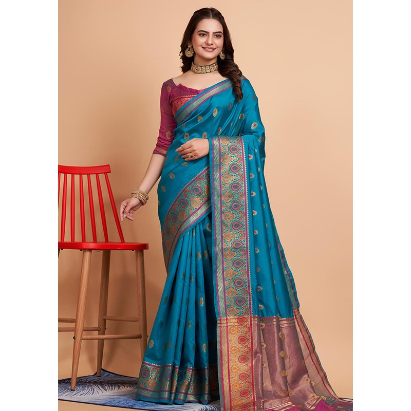 Blue Dupion Silk Saree With Blouse Piece - JD986579862