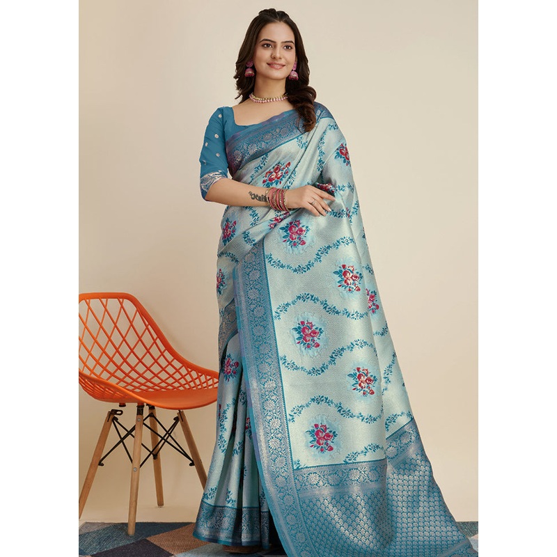 Blue Dupion Silk Saree With Blouse Piece - JD986579863