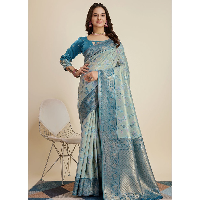 Blue Dupion Silk Saree With Blouse Piece - JD986579864