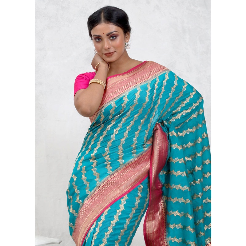 Blue Georgette Saree With Blouse Piece - JD986579747
