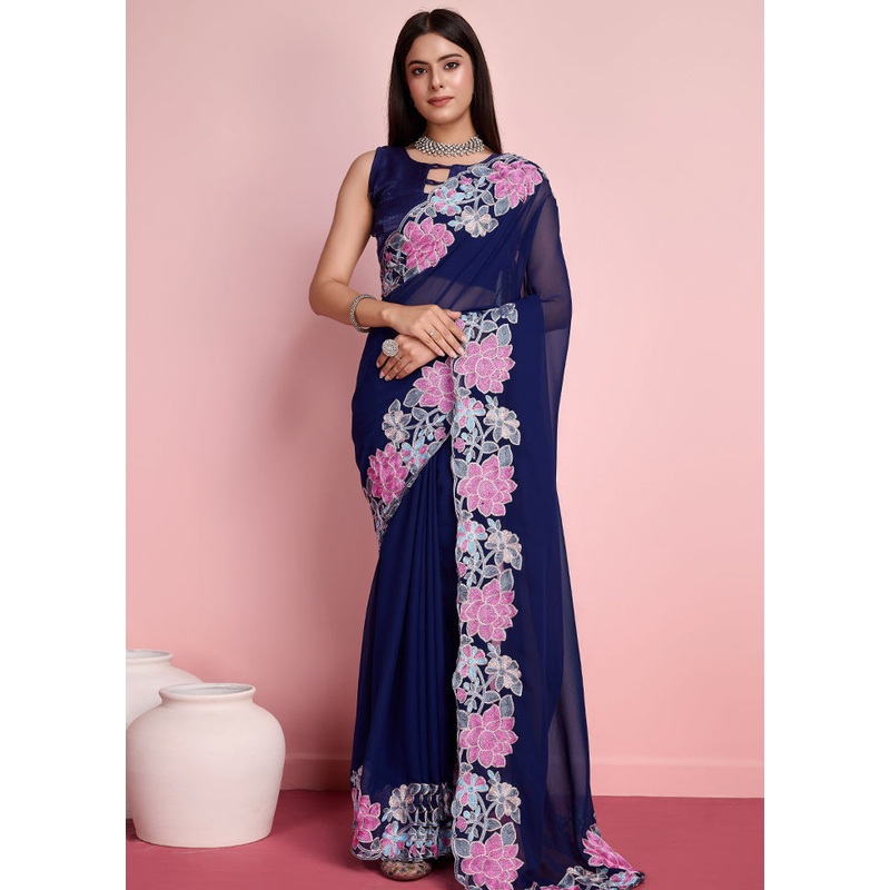 Blue Georgette Saree With Blouse Piece - JD986579932