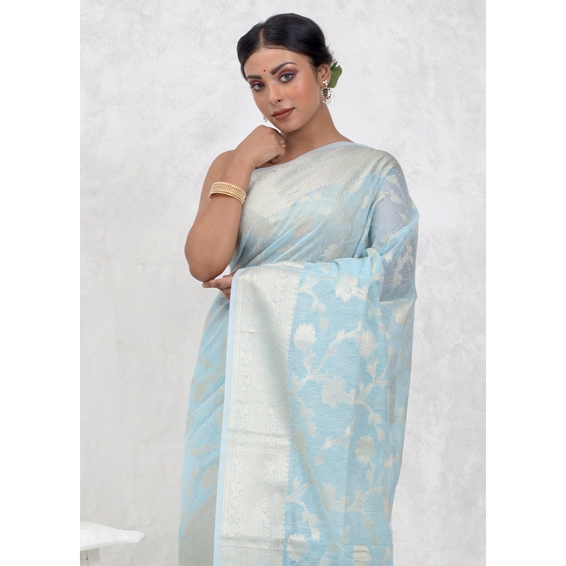 Blue Kora Silk Saree With Blouse Piece - JD986579746