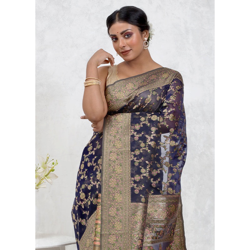 Blue Organza Saree With Blouse Piece - JD986579745