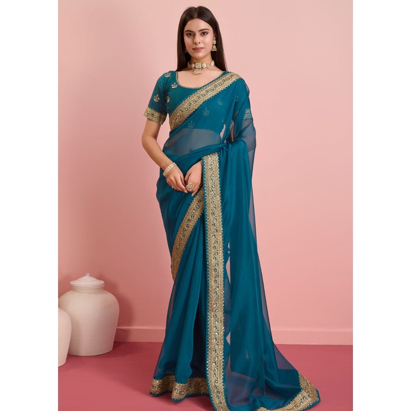 Blue Organza Saree With Blouse Piece - JD986579930