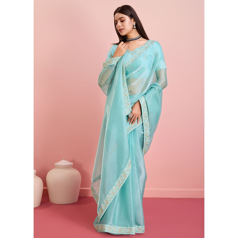 Blue Organza Saree With Blouse Piece - JD986579931