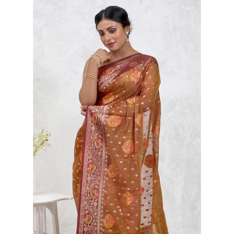Brown Dupion Silk Saree With Blouse Piece - JD986579744