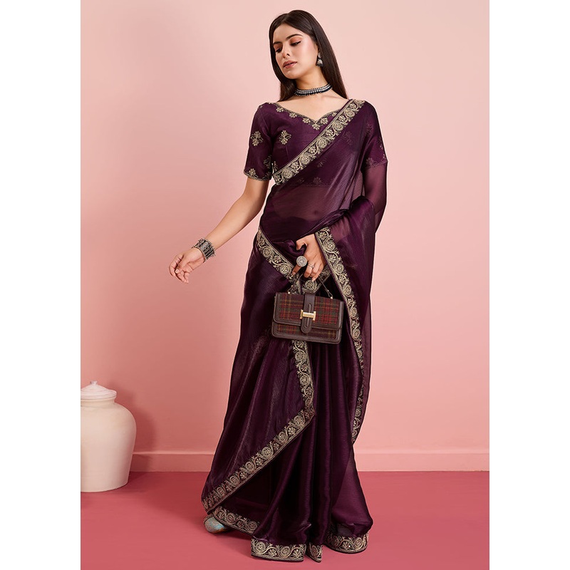 Brown Organza Saree With Blouse Piece - JD986579929