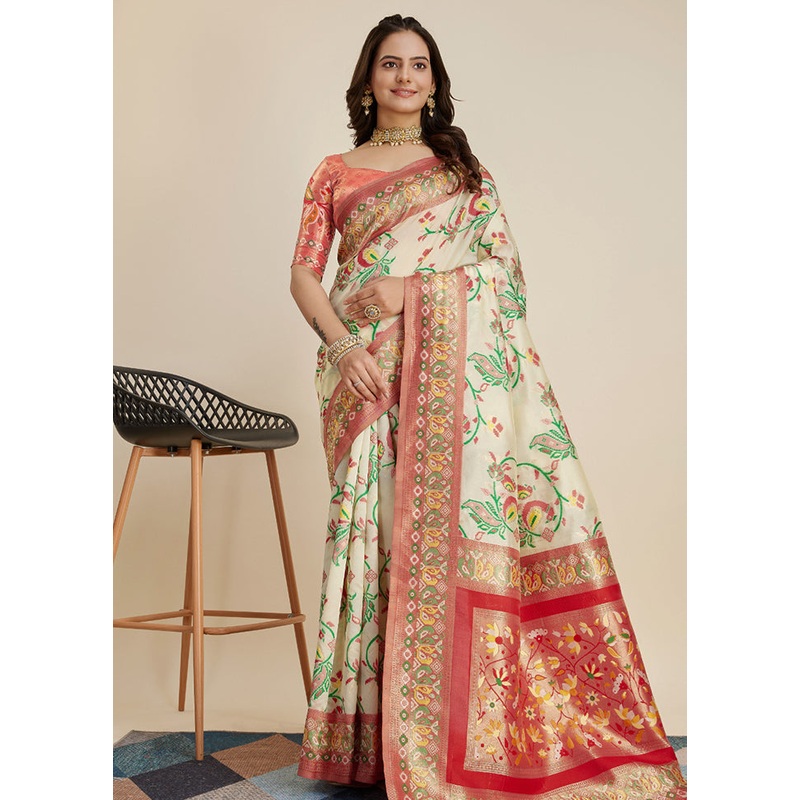 Cream Dupion Silk Saree With Blouse Piece - JD986579860