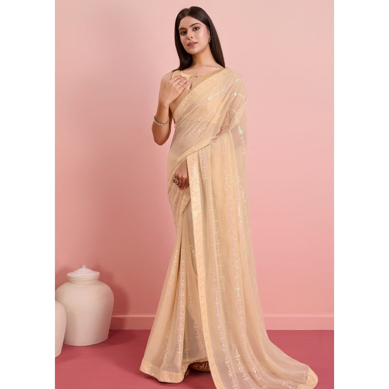 Cream Georgette Saree With Blouse Piece - JD986579927