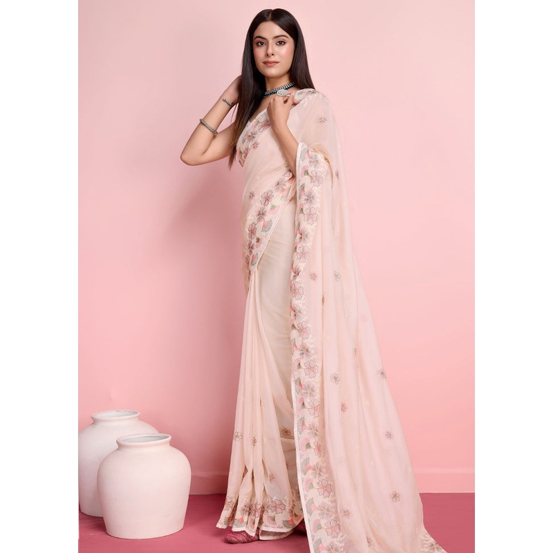 Cream Organza Saree With Blouse Piece - JD986579925