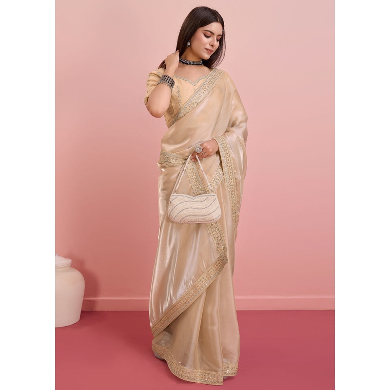 Cream Organza Saree With Blouse Piece - JD986579926