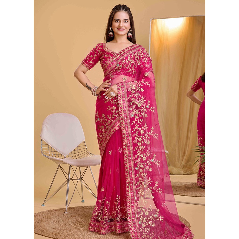 Dark Pink Net Net Saree With Blouse Piece - JD986579858