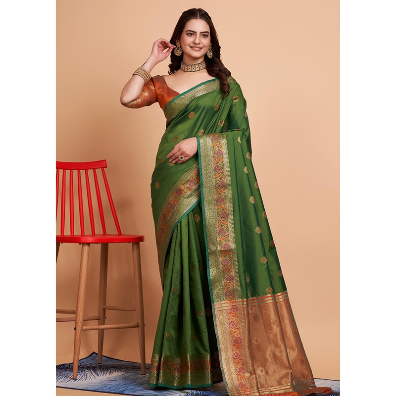 Green Dupion Silk Saree With Blouse Piece - JD986579851