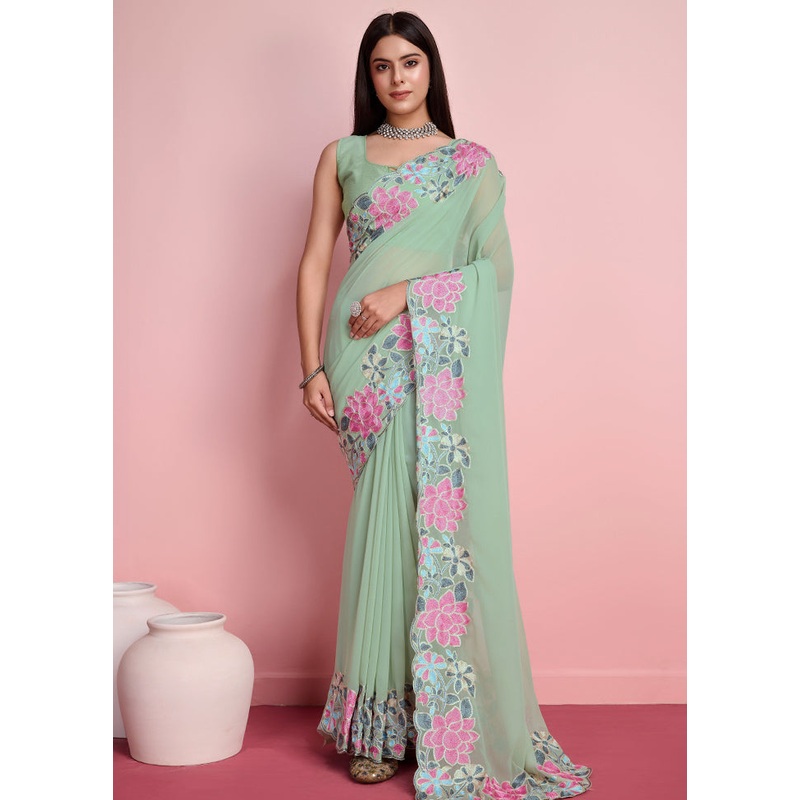 Green Georgette Saree With Blouse Piece - JD986579923