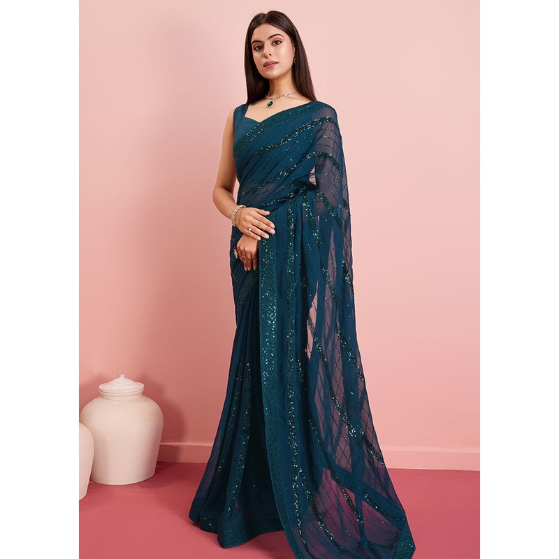 Green Georgette Saree With Blouse Piece - JD986579924