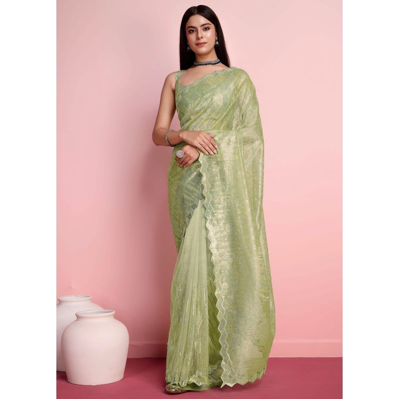 Green Net Net Saree With Blouse Piece - JD986579920