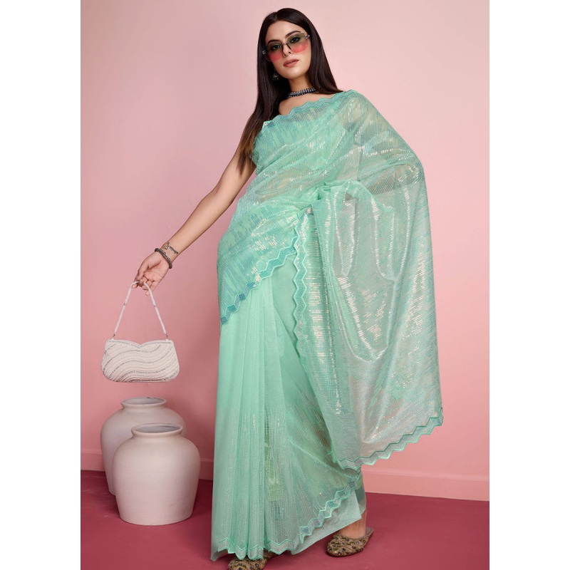 Green Net Net Saree With Blouse Piece - JD986579921