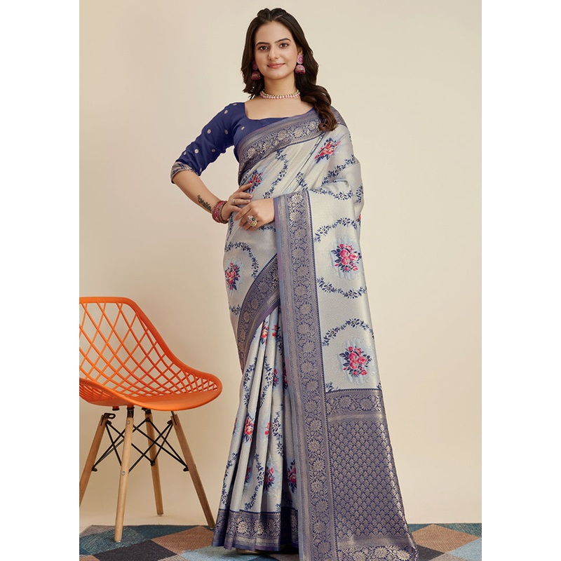Grey Dupion Silk Saree With Blouse Piece - JD986579849