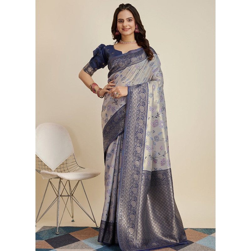Grey Dupion Silk Saree With Blouse Piece - JD986579850