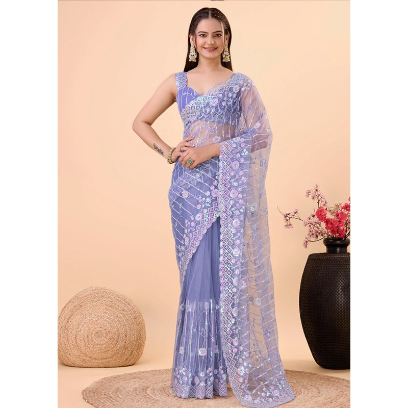 Lavender Net Net Saree With Blouse Piece - JD986579844