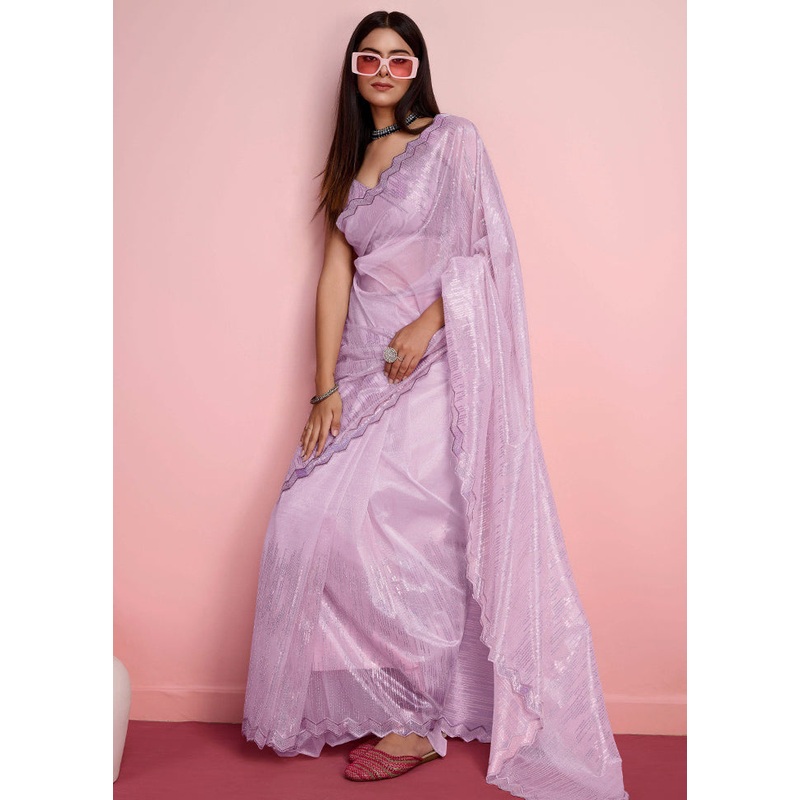 Lavender Net Net Saree With Blouse Piece - JD986579913
