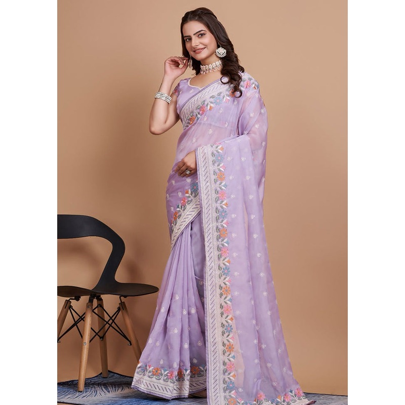 Lavender Organza Saree With Blouse Piece - JD986579842