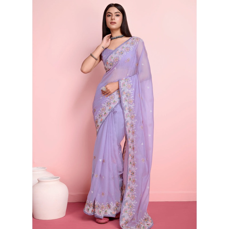 Lavender Organza Saree With Blouse Piece - JD986579912