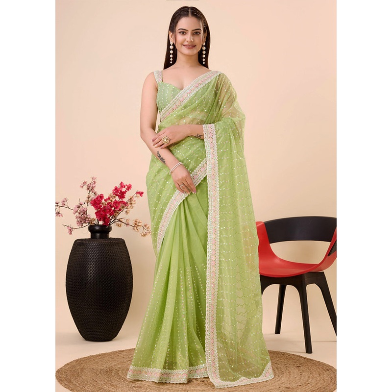Light Green Net Net Saree With Blouse Piece - JD986579837