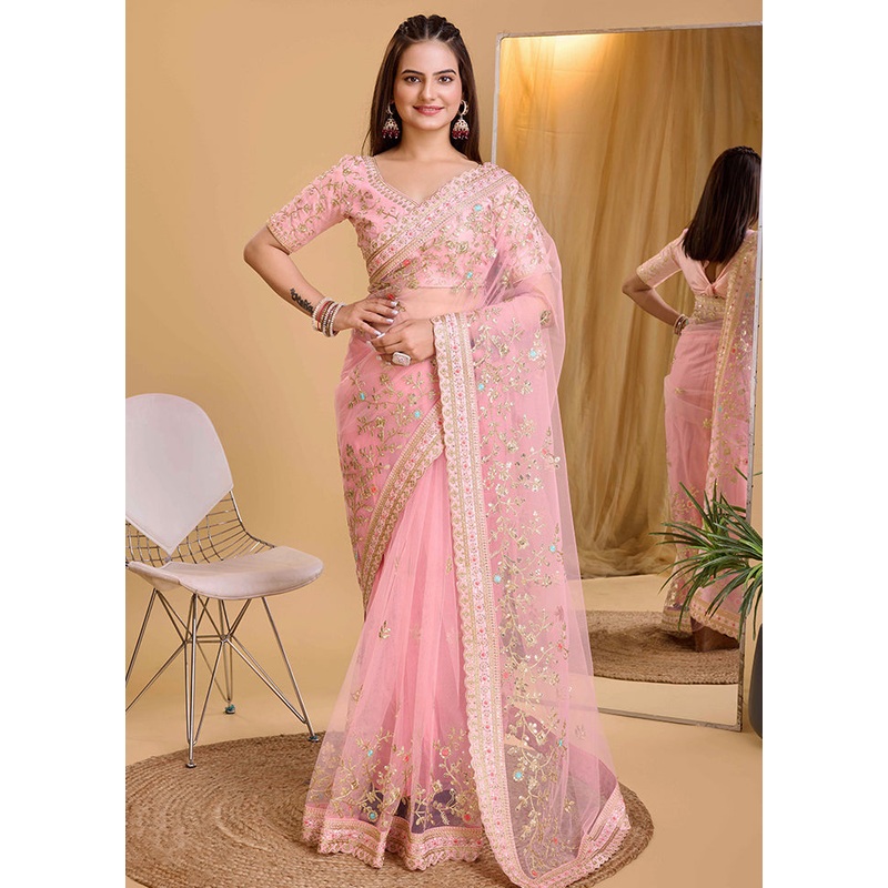 Light Pink Net Net Saree With Blouse Piece - JD986579835