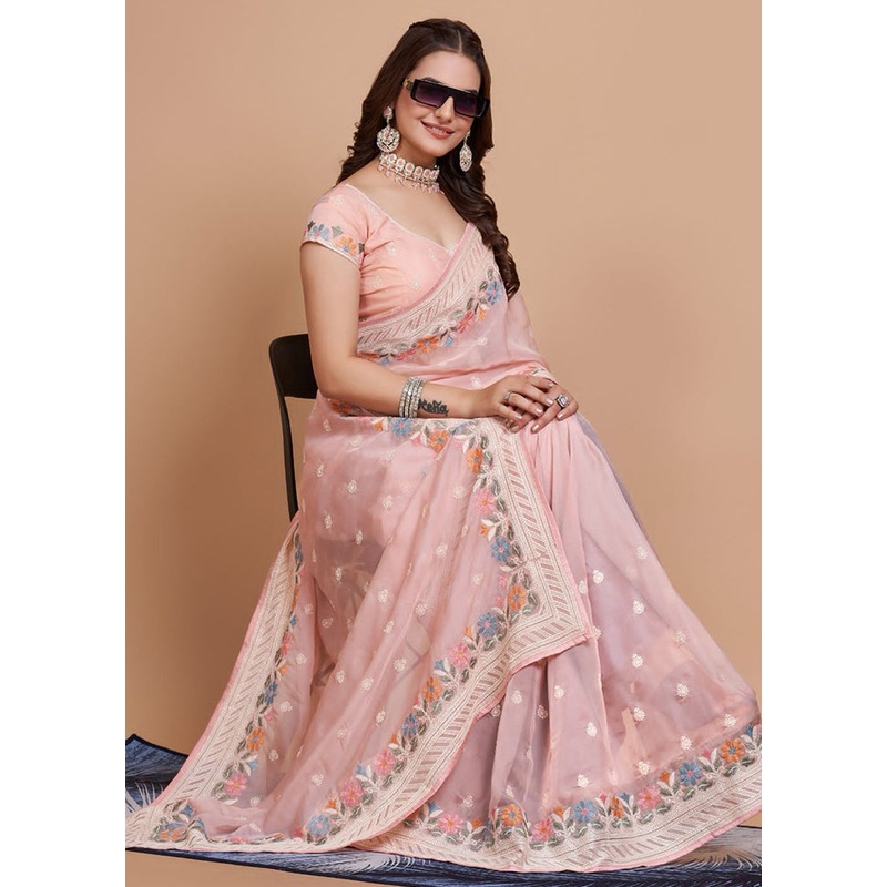 Light Pink Organza Saree With Blouse Piece - JD986579834